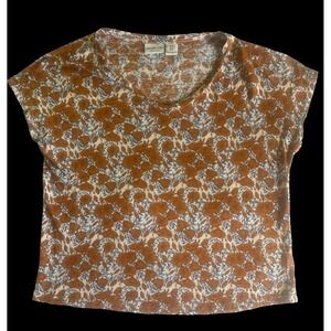Rachel Zoe Womens‎ Medium Floral Print 100% Linen Top  Short Sleeve Brown/White